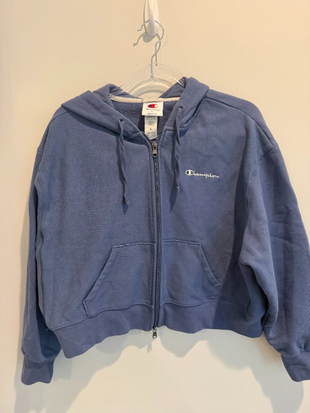 Champion Cropped Full Zip Hoodie Periwinkle Blue Heavyweight Size L Like New
